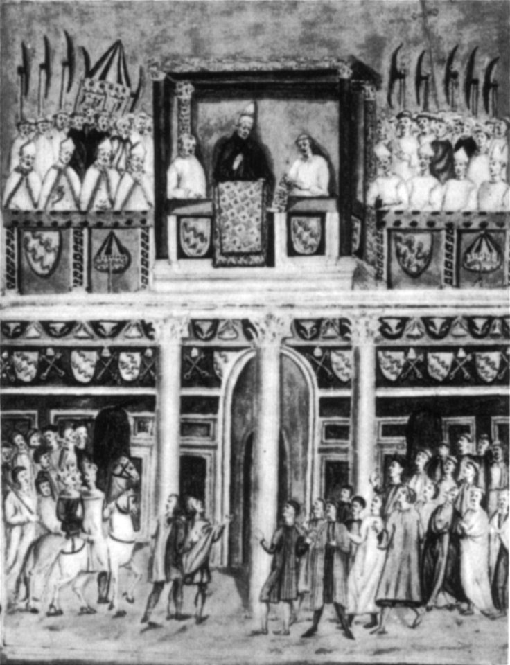 Ms ambrosiana 1622, f. inf 227, instrumenta translationum di Jacopo Grimaldi con copia da Giutto dell'affresco perduto di Bonifacio VIII che indice il primo giubileo