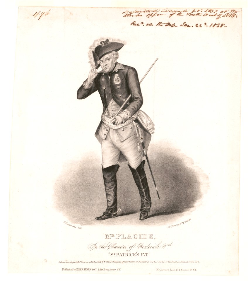 Mr. Placide, in the character of Frederick 2nd in St. Patrick's Eve - H. Heidemans del. ; on stone by Wm K. Hewitt. LCCN2017660411