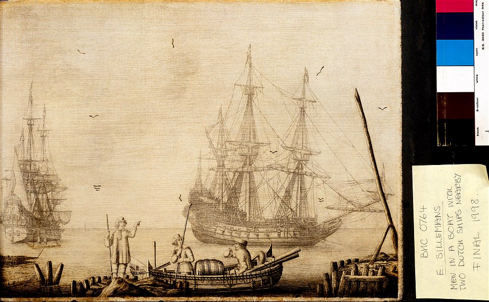 Men in a boat with two Dutch ships nearby RMG BHC0764
