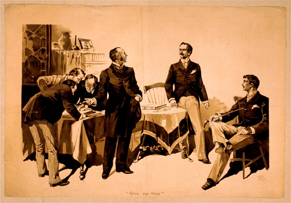 Men examining ledgers with two men to side, one wearing expression of concern LCCN2014636836