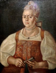 Merchant woman in red dushegreya by anonim (1770s, GIM)
