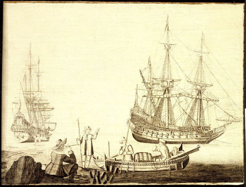 Men in a Boat Near Two Dutch Ships RMG L0234-004