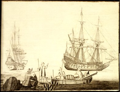 Men in a Boat Near Two Dutch Ships RMG L0234-004