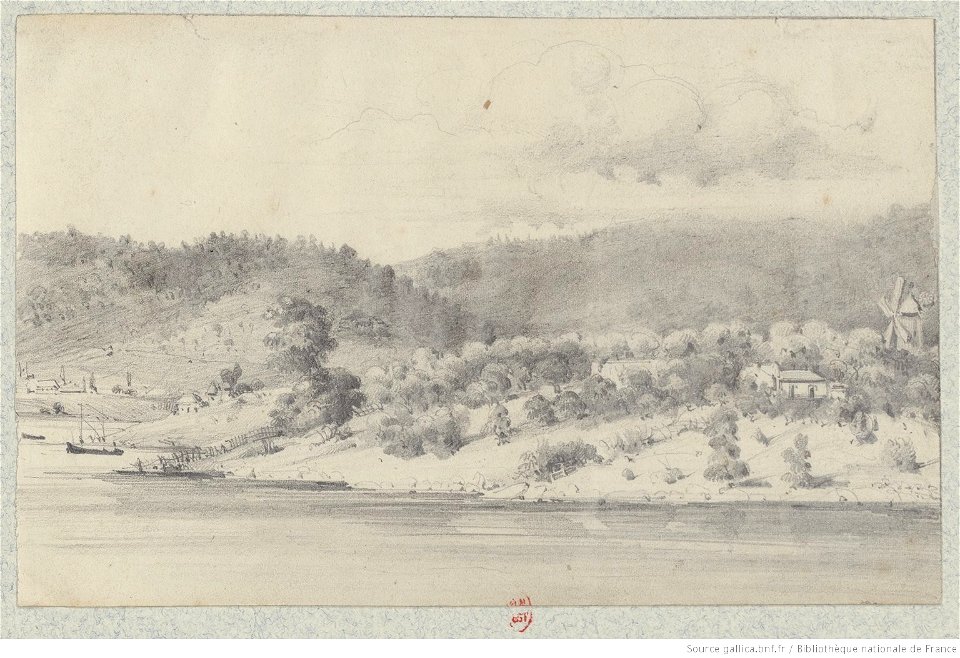 Meryon - Paysage montagneux et boisé au bord de la mer, avec un moulin à vent à droite, btv1b550022540