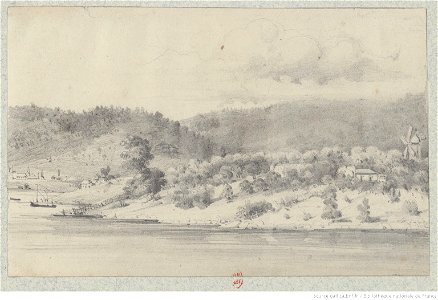Meryon - Paysage montagneux et boisé au bord de la mer, avec un moulin à vent à droite, btv1b550022540
