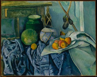 Nature morte avec un pot de gingembre et des aubergines, par Paul Cézanne. Free illustration for personal and commercial use.