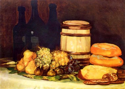 Naturaleza muerta con botellas, frutas y pan por Goya. Free illustration for personal and commercial use.