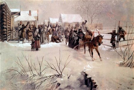 Mihaly Zichy-Alexander II in sleigh crosses village. Free illustration for personal and commercial use.