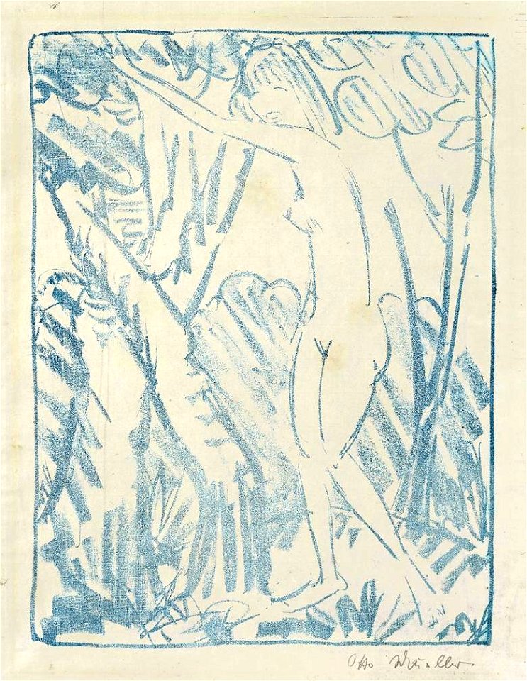 Otto Mueller Zwischen Bäumen stehendes Mädchen blau