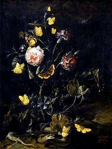 Otto Marseus van Schrieck - Flowers, Insects and Reptiles, 1673. Free illustration for personal and commercial use.