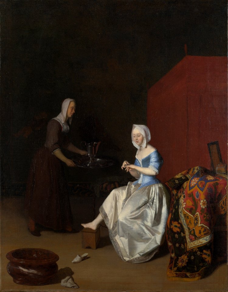 Jacob Ochtervelt - A Young Lady trimming her Fingernails (National Gallery London). Free illustration for personal and commercial use.