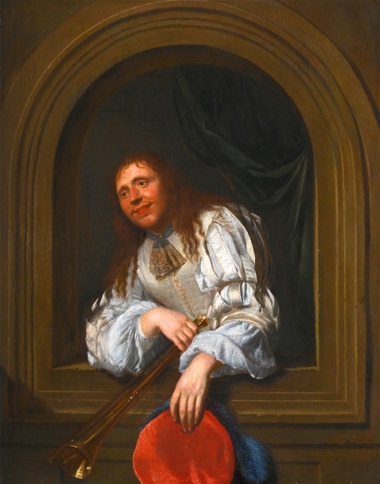 A Musician Holding a Trumpet and a Hat by Jacob Ochtervelt