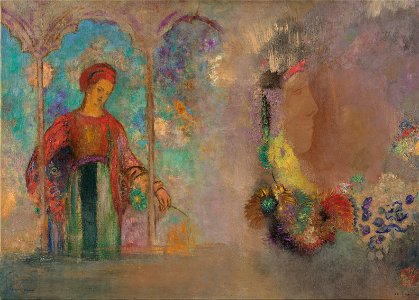 Odilon Redon - Woman in a gothic arcade- woman with flowers - Google Art Project. Free illustration for personal and commercial use.
