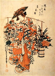 Okumura Masanobu - A Beauty Wearing Festival Garb with Two Buckets of Flowers Suspended