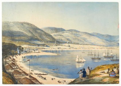 Part of Lambton Harbour, in Port Nicholson, New Zealand. Drawn in April, 1841, by Charles Heaphy. Lithography created by Thomas Allom and published in 1891. Hocken Collections; 11,736