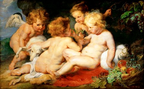 Peter Paul Rubens and Frans Snyders - Christ and John the Baptist as children and two angels. Free illustration for personal and commercial use.