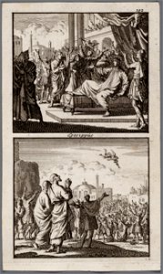 Petrus omgeven door een juichende menigte heeft een dode tot leven gewekt, Simon de tovenaar tracht te vliegen, objectnr A 48113