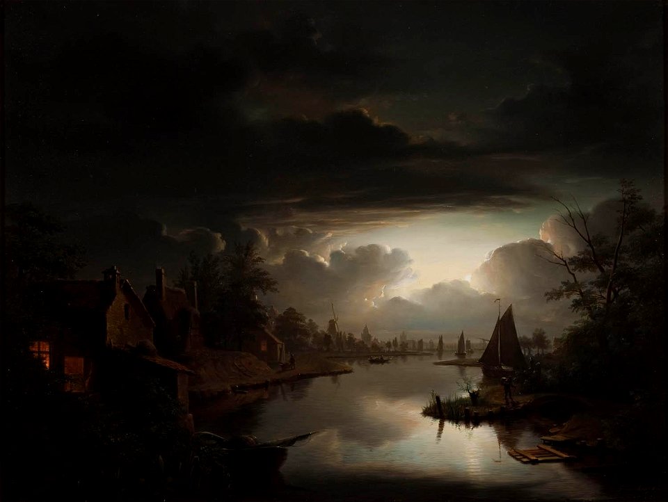 Petrus van Schendel - Rivierlandschap in de zilveren maneschijn
