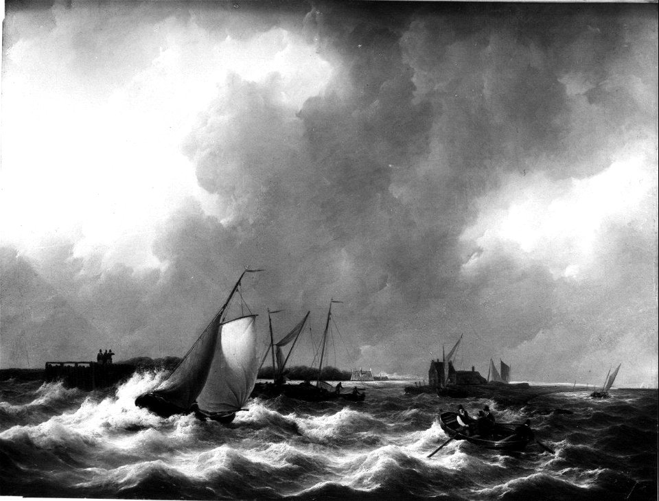 Petrus Johannes Schotel - Het havenhoofd te Bath bij onstuimig weer, links een uitzeilende Tholense boot - SA 1322 - Amsterdam Museum
