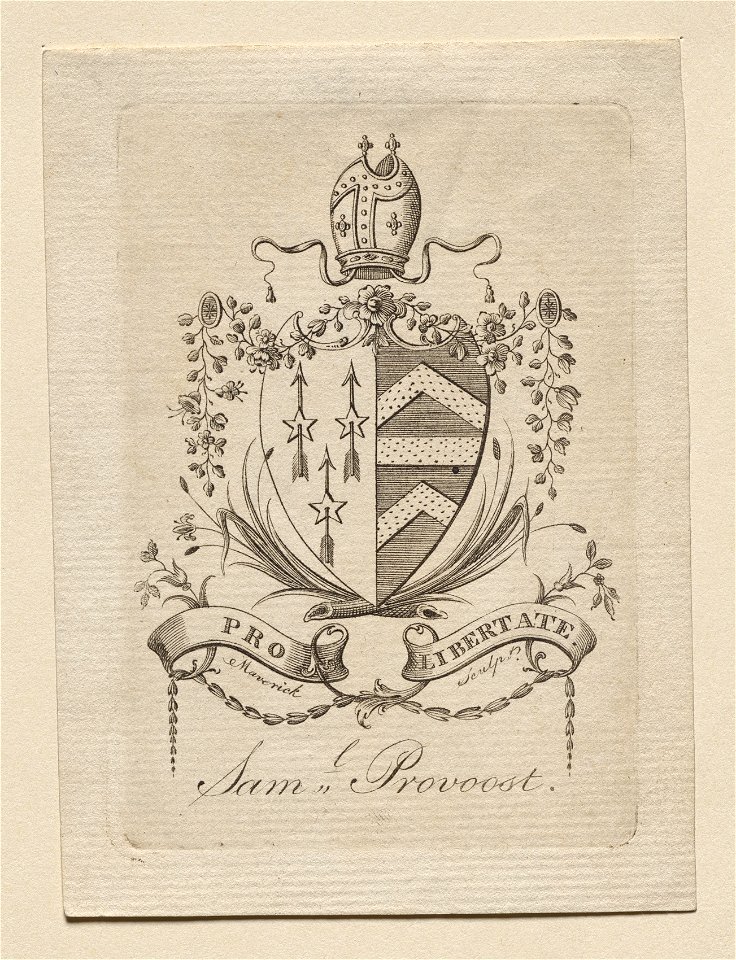 Peter Rushton Maverick (American, 1755-1811) - Bookplate, Coat of Arms with Sam'l Provoost inscribed below - 1918.155 - Cleveland Museum of Art