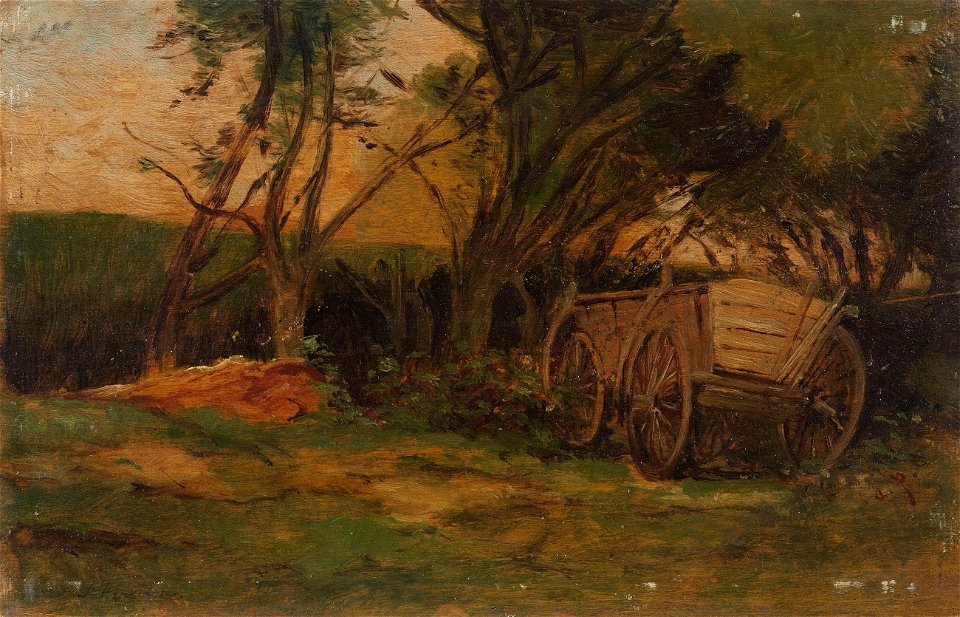 August von Pettenkofen - Bauernkarren unter Bäumen