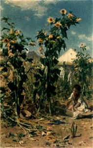 Pettenkofen-Two Hungarian peasant children with sunflowers