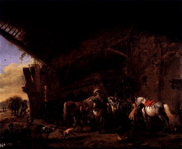 Philips Wouwerman - Coming out of an Inn - WGA25883. Free illustration for personal and commercial use.