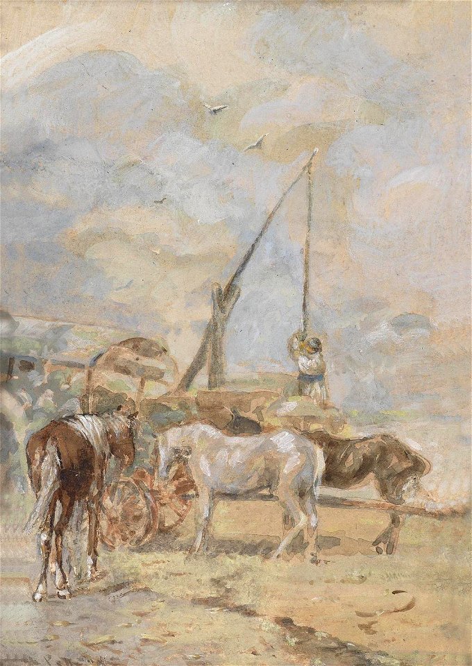 August von Pettenkofen - Pferd und Wagen, Rast am Brunnen
