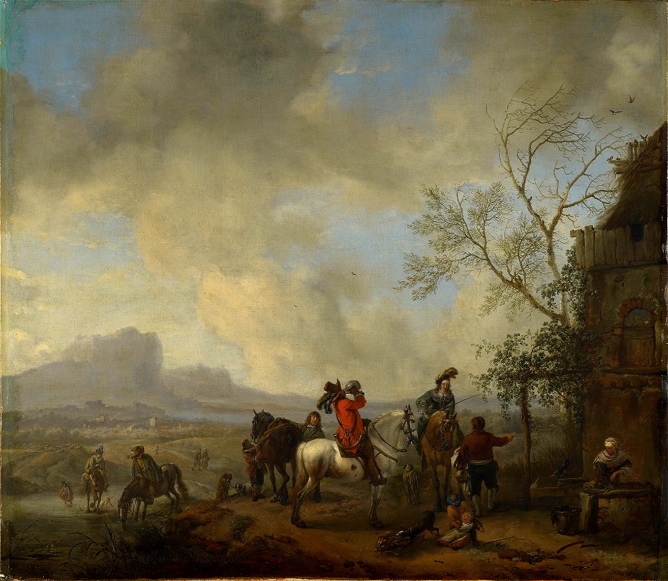 Philips Wouwerman (Haarlem 1619-Haarlem 1668) - A Hunting Party Halting at a Wayside Inn - RCIN 404848 - Royal Collection