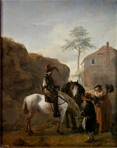 Philips Wouwerman - Landschap met halthoudende jager en zijn pakpaard, een vrouw die drank inschenkt en een jongen met emmer, op de achtergrond een huis - P002145 - Museo del Prado