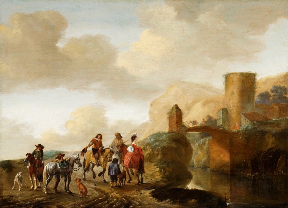 Philips Wouwerman Landschaft mit Reisenden und Brücke
