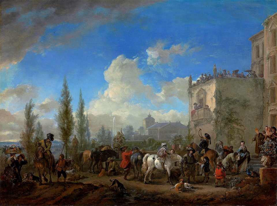 Philips Wouwerman - Elegant hunting company departing from a country estate