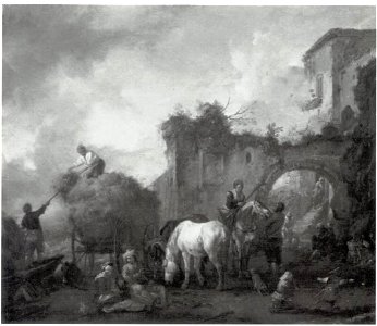 Philips Wouwerman - Hooiende en rustende boeren bij een vervallen stadsmuur met poort - 903 - Berlin State Museums