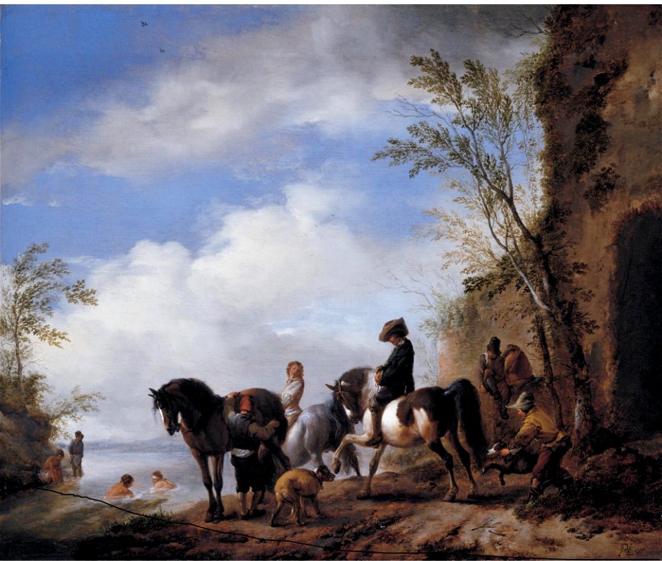 Philips Wouwerman - Landscape with three horses, horsemen and bathers near a river 4KRML N08162-18-1