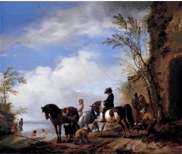 Philips Wouwerman - Landscape with three horses, horsemen and bathers near a river 4KRML N08162-18-1