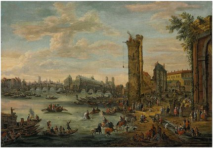 Pieter Bout - A view of the Pont de l'Isle de la Cité and the Tour des Nesle from the left bank. Free illustration for personal and commercial use.