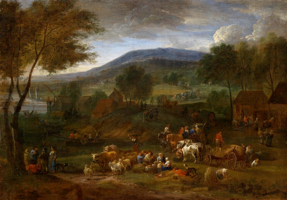 Pieter Bout & Adriaen Frans Boudewijns - Uitgebreide Landschap met boer stoffage