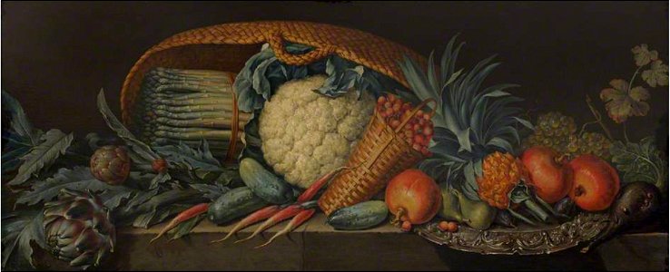 Pieter Andreas Rijsbrack - Still Life of Vegetables, a Pineapple and Other Fruit with a Silver Platter on a Ledge