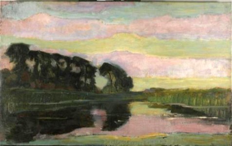 Piet Mondriaan - Riverscape with row of trees at left, sky with pink and yellow-green bands, farmstead on the Gein screened by tall trees - 0334269 - Kunstmuseum Den Haag