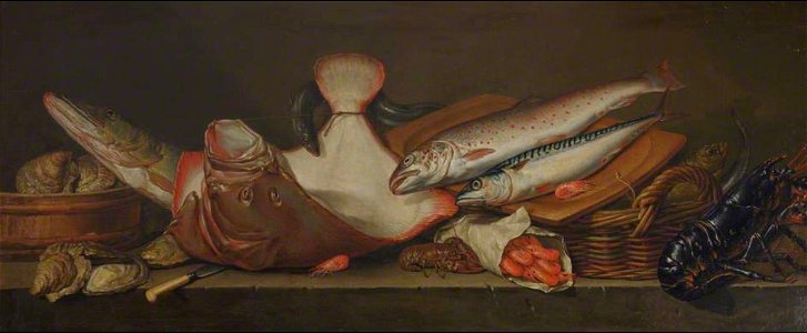 Pieter Andreas Rijsbrack - Still Life of Lobsters, Mackerel and Other Fish on a Ledge. Free illustration for personal and commercial use.