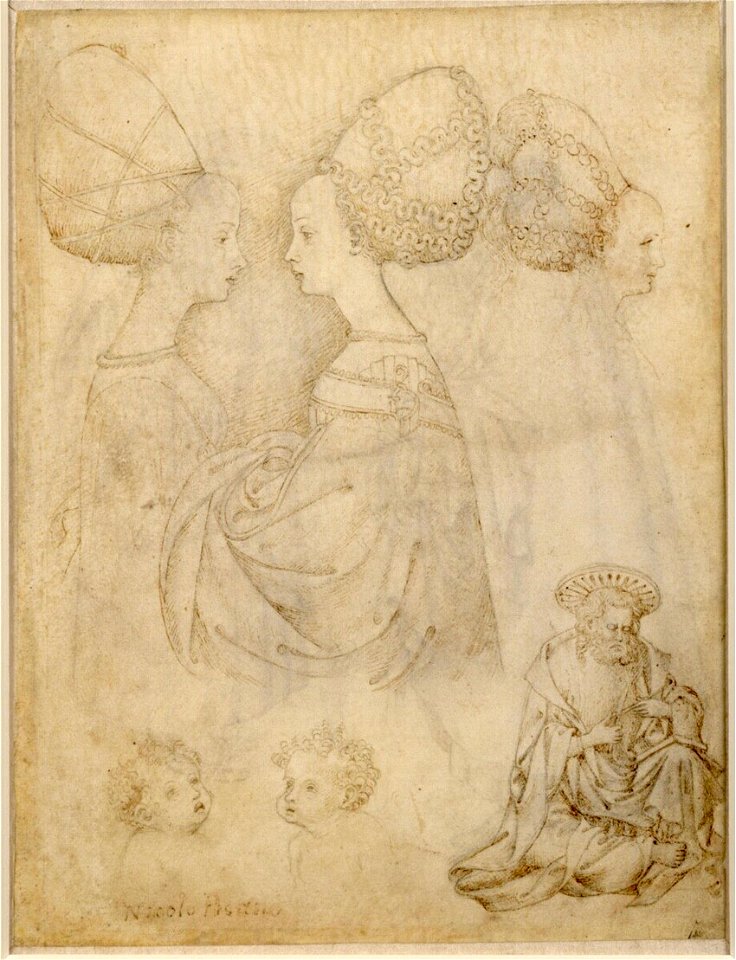Pisanello - Studienblatt (Drei Frauenstudien im Profil; zwei Putten; ein Heiliger, eine Feder schärfend; rechts zwei Eremiten), 5r