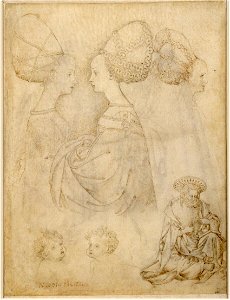 Pisanello - Studienblatt (Drei Frauenstudien im Profil; zwei Putten; ein Heiliger, eine Feder schärfend; rechts zwei Eremiten), 5r