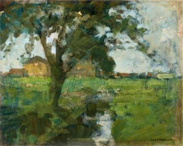 Piet Mondriaan - Farm setting with foreground tree and irrigation ditch - A231 - Piet Mondrian, catalogue raisonné. Free illustration for personal and commercial use.