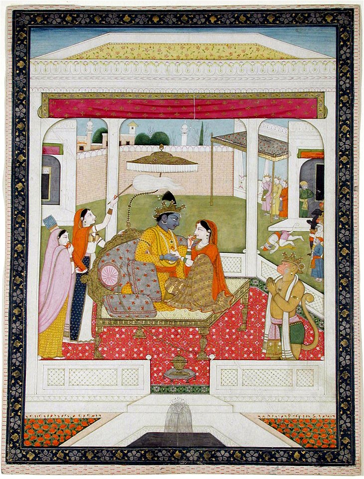 Rama and Sita enthroned in a pavilion, attended by Hanuman (6125134066)