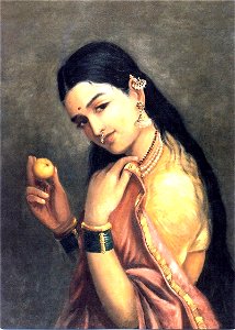 Raja Ravi Varma, Lady Holding a Fruit. Free illustration for personal and commercial use.