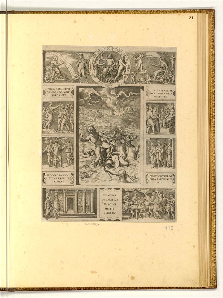 Raimondi - Jupiter beruhigt den Sturm auf See in einem rechteckigen Rahmen mit neun Szenen aus der Aeneis, ItI1721