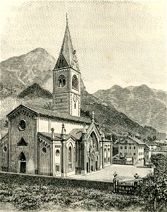 Pontebba prospetto della chiesa principale xilografia di Barberis