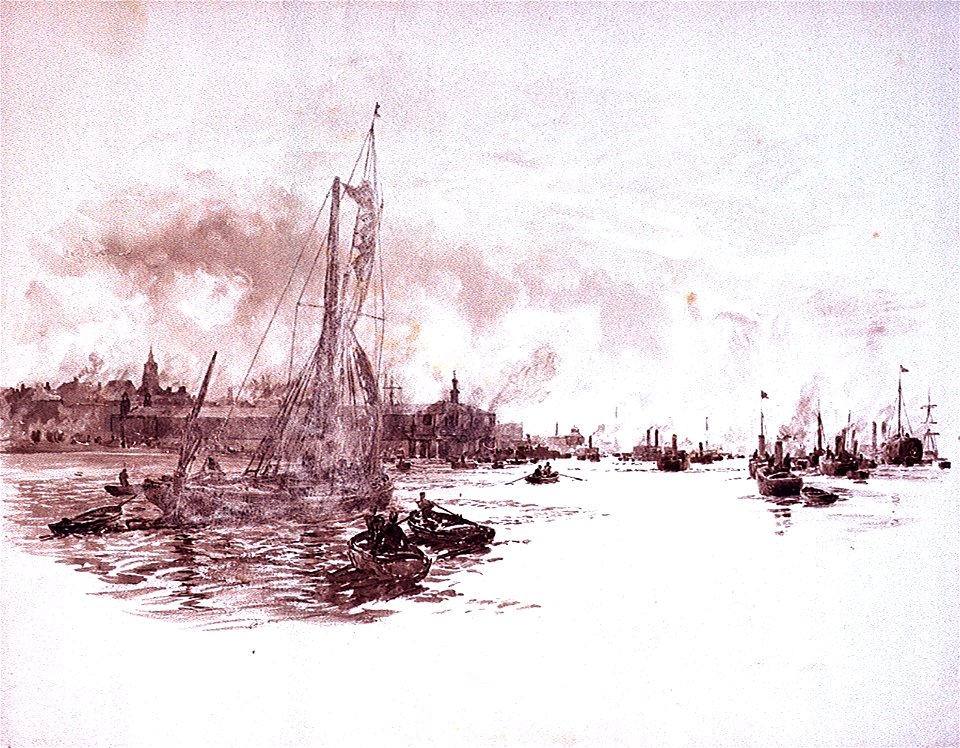 Port scene possibly London, with sailing barge and steam vessels RMG PV1742