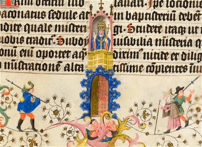 Pontificale Sinte Marie-UBU Hs. 400-f.016r-Wijding van een subdiaken door een bisschop (cropped marginal illustration)