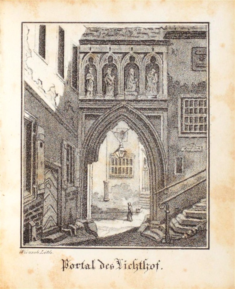 Portal des Lichthof, Johann Peter Weyer (Zeichnung) und Anton Wünsch (Lithografie), 1827 (book page, uncropped)